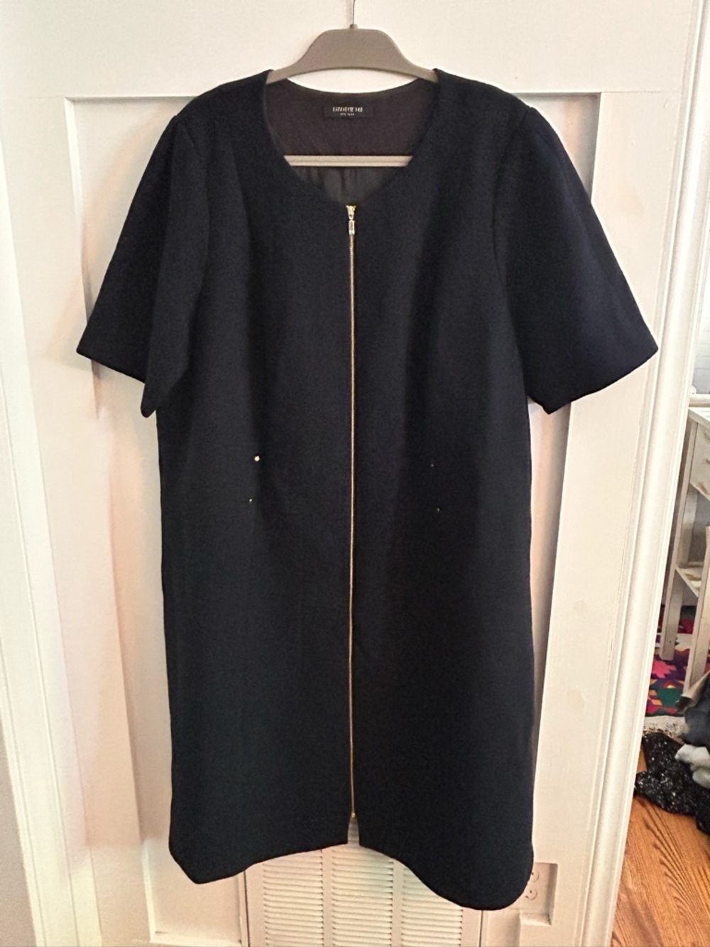 Lafayette 148 New York Navy Zip Front Shift Dress Short Sleeve Minimalist